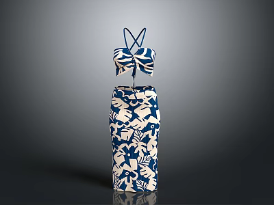 Stylish Blue And White Pattern Two Piece Outfit With Halter Top And Long Skirt 3d model