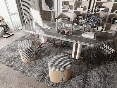 Elegant Modern Home Office Desk With Metal Frame Checkered Stools And Decorative Blue Flowers 3d model