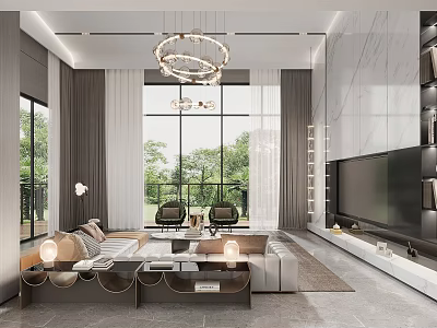 Modern Living Room Interior With Large Windows Greenery View Circular Chandelier Sofa TV Wall 3d model