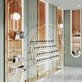Modern Boutique Interior Design With Circular Mirrors Gold Display Shelves Marble Counter And Terrazzo Floor