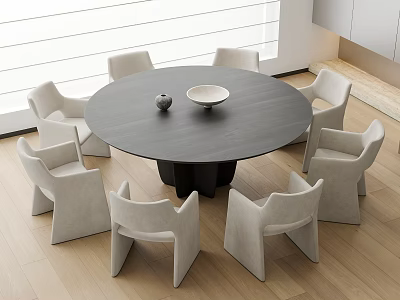Modern Round Dark Gray Dining Table Set with Six Light Colored Chairs and Minimalist Decor 3d model