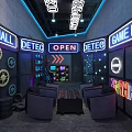 Industrial Style Game Room With Neon Signs Sofa Table Gear And Tire Decor