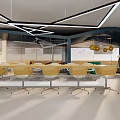 Modern Public Office Space Interior With Orange Blue Walls Pendant Lights Sofa And Tables