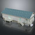 Single Story House With Blue Roof White Siding Front Porch And Wooden Staircase