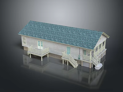 Single Story House With Blue Roof White Siding Front Porch And Wooden Staircase 3d model
