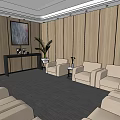 Hotel Public Lounge Area With Beige Sofas Small Coffee Tables And Wooden Walls