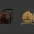 Rusty And Yellow Industrial Storage Tanks With Pipes And Valves