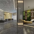 Modern Spacious Reception Desk Area Design With Marble Counter Display Shelves And Lighting