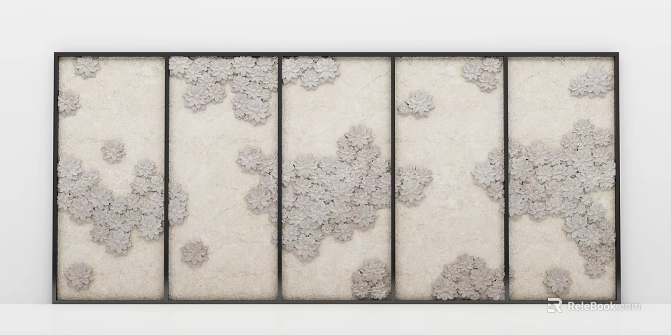 Bed Background Wall Design With Light Colored Panels Black Frames And Gray Textured Patterns 3d model