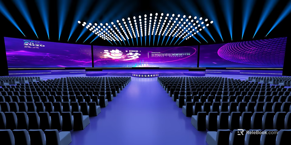Modern Conference Hall With Purple Screen Black Seats Blue Aisle And Arched Lights 3d model 