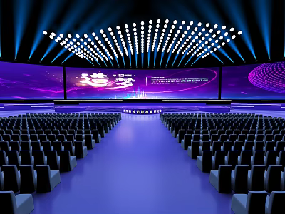 Modern Conference Hall With Purple Screen Black Seats Blue Aisle And Arched Lights 3d model