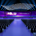 Modern Conference Hall With Purple Screen Black Seats Blue Aisle And Arched Lights