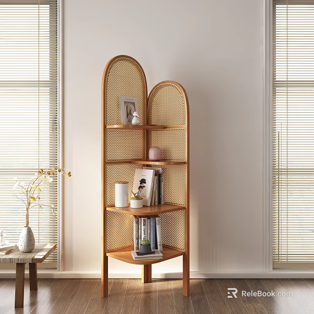 Wooden Rattan Arched Shelving Unit With Decorative Items Photo Frame Books And Vase 3d model 
