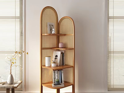 Wooden Rattan Arched Shelving Unit With Decorative Items Photo Frame Books And Vase 3d model