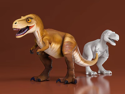 Realistic Reptile Dinosaur Models Brown Yellow And White Standing Figures With Open Mouths 3d model