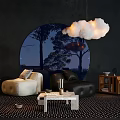 Sofa Coffee Table Set With White Black Sofas Dark Wall Circular Window And Cloud Pendant Light 3d model