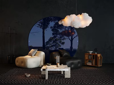 Sofa Coffee Table Set With White Black Sofas Dark Wall Circular Window And Cloud Pendant Light 3d model