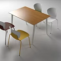 Modern Minimalist Wooden Table With White Legs And Multicolored Metal Leg Chairs Set