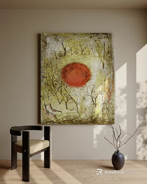 Abstract Painting With Crimson Circle Bare Branches And Deer Figure In Sunlight 3d model 