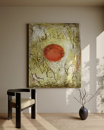 Abstract Painting With Crimson Circle Bare Branches And Deer Figure In Sunlight 3d model