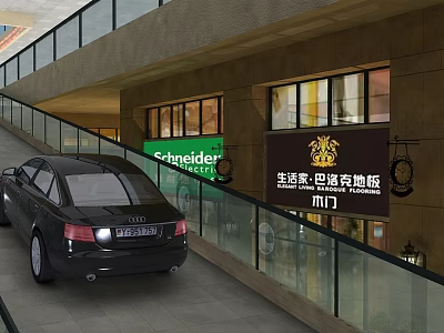 Black Car Driving on Slope with Glass Railing Near Building and Billboards 3d model