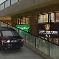 Black Car Driving on Slope with Glass Railing Near Building and Billboards