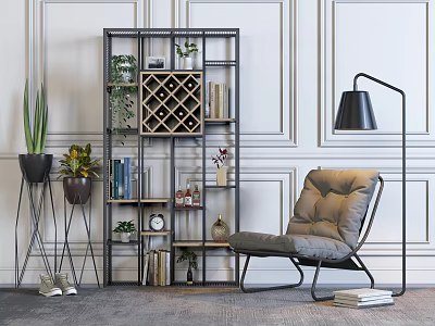 Modern Metal and Wood Shelving Unit with Green Plants Books and Decorations in Living Room 3d model