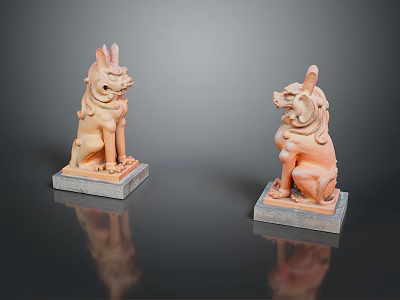 Traditional Stone Lion Statues Terracotta Colored With Gray Square Bases Paired On Black Reflective Surface 3d model