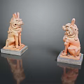 Traditional Stone Lion Statues Terracotta Colored With Gray Square Bases Paired On Black Reflective Surface