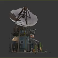 Barbecue Shack Building with Solar Panels Satellite Dishes Flags Cactus and Outdoor Seating Area