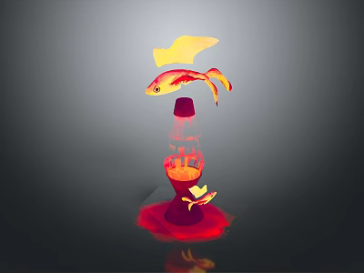 Artistic Red Lamp Installation Displaying Goldfish With Yellow Wings And Red Reflective Base 3d model