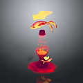 Artistic Red Lamp Installation Displaying Goldfish With Yellow Wings And Red Reflective Base