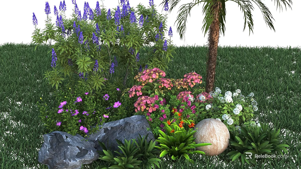 Lush Garden Shrubs With Purple Pink White Flowers Green Grass And Stones 3d model 