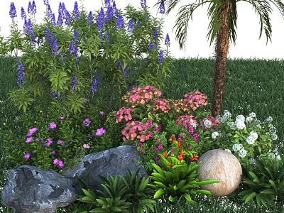 Lush Garden Shrubs With Purple Pink White Flowers Green Grass And Stones 3d model