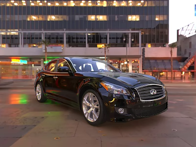Black Luxury Car Parked On Urban Street With Evening City Lights 3d model
