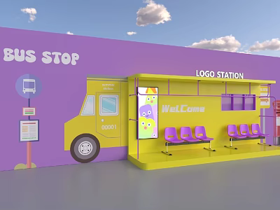 Vibrant Bus Stop with Logo Station Yellow Truck Purple Seats and Welcome Sign 3d model
