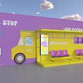 Vibrant Bus Stop with Logo Station Yellow Truck Purple Seats and Welcome Sign