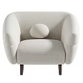 Modern Beige Upholstered Accent Chair With Wide Armrests Round White Cushion And Dark Wooden Base