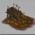 Vintage Wooden Cart With Wheels On Muddy Ground Surrounded By Flowers And Grass