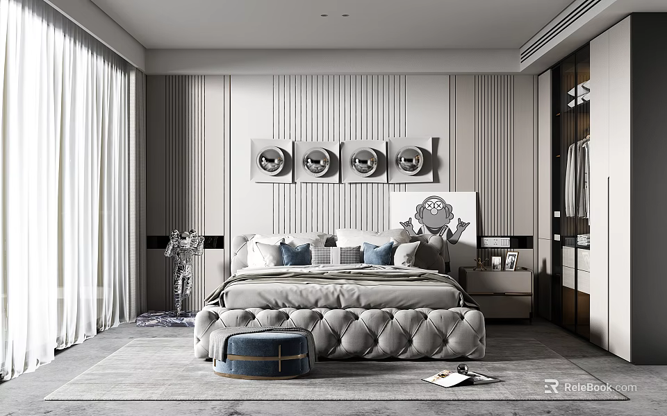Modern Elegant Bedroom Interior With Tufted Bed Wall Art Nightstand And Curtain Windows 3d model 