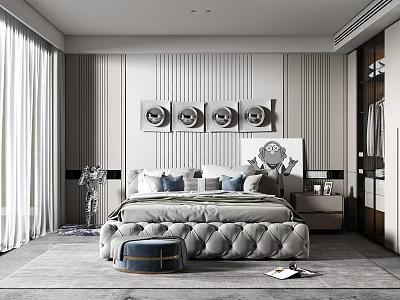 Modern Elegant Bedroom Interior With Tufted Bed Wall Art Nightstand And Curtain Windows 3d model