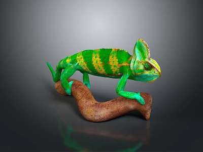 Vibrant Green and Yellow Chameleon Perched on Brown Branch with Crest 3d model