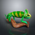 Vibrant Green and Yellow Chameleon Perched on Brown Branch with Crest
