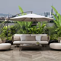 Outdoor Sofa Setup With Coffee Table Armchairs Parasol And Lush Plants Against City View