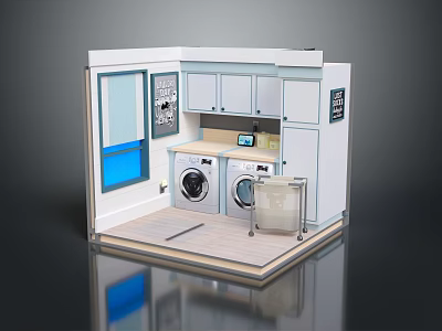 Modern Laundry Room Interior Design With Washing Machines Dryers Cabinets And Sink 3d model