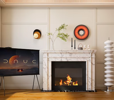 Marble Fireplace With Burning Fire In Modern Living Room Decor 3d model