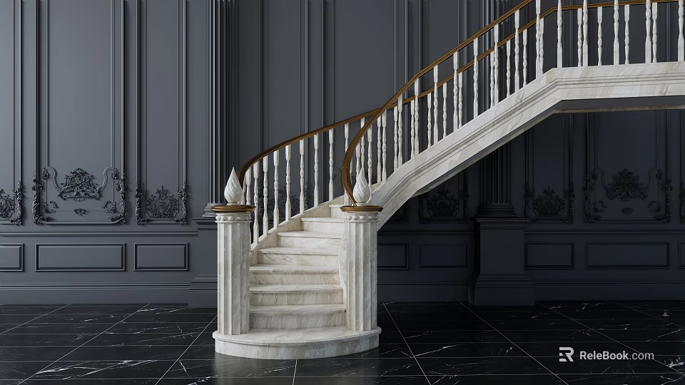 Elegant White Marble Staircase With Golden Handrail Dark Gray Walls And Decorative Carvings 3d model 