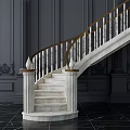 Elegant White Marble Staircase With Golden Handrail Dark Gray Walls And Decorative Carvings