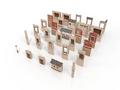 Small Architectural Models Featuring Various Style Houses And Wall Structures In Brown Red 3d model