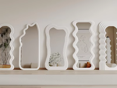 White Decorative Mirrors With Unique Shapes In Minimalist Interior Design 3d model